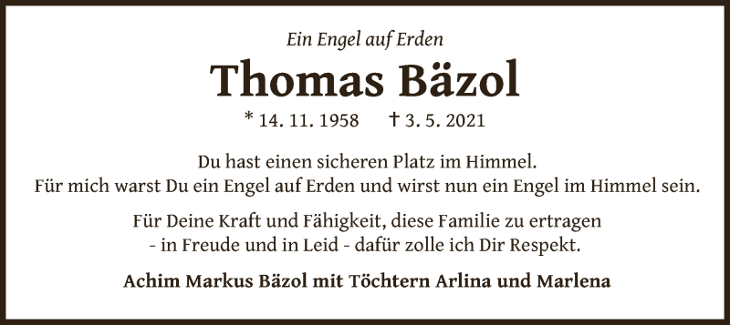  Traueranzeige für Thomas Bäzol vom 29.05.2021 aus Achim Bäzol  
