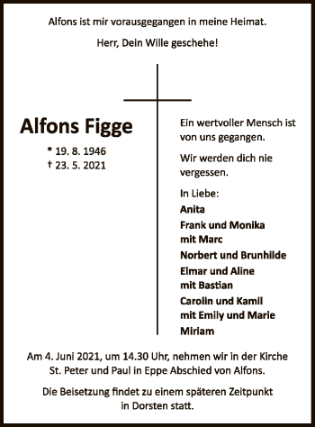 Traueranzeige von Alfons Figge von WLZ