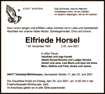 Traueranzeige von Elfriede Horsel von WLZ