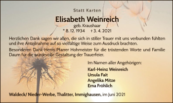 Traueranzeige von Elisabeth Weinreich von WLZ