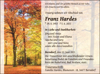 Traueranzeige von Franz Hardes von WLZ