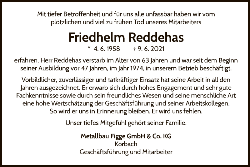  Traueranzeige für Friedhelm Reddehas vom 15.06.2021 aus WLZ