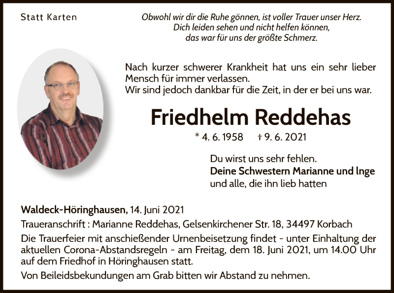  Traueranzeige für Friedhelm Reddehas vom 12.06.2021 aus WLZ