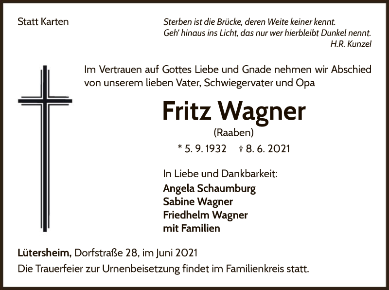  Traueranzeige für Fritz Wagner vom 12.06.2021 aus WLZ
