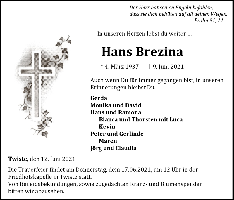  Traueranzeige für Hans Brezina vom 12.06.2021 aus WLZ
