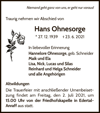 Traueranzeige von Hans Ohnesorge von WLZ