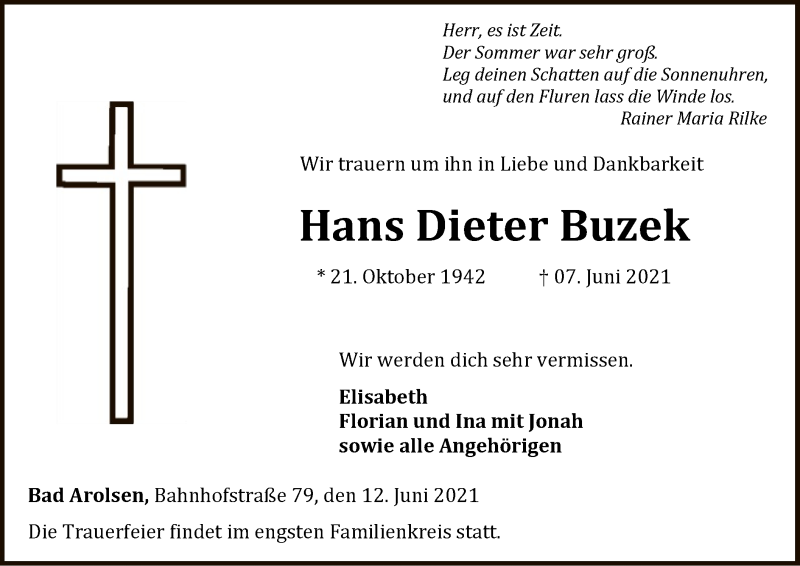  Traueranzeige für Hans Dieter Buzek vom 12.06.2021 aus WLZ