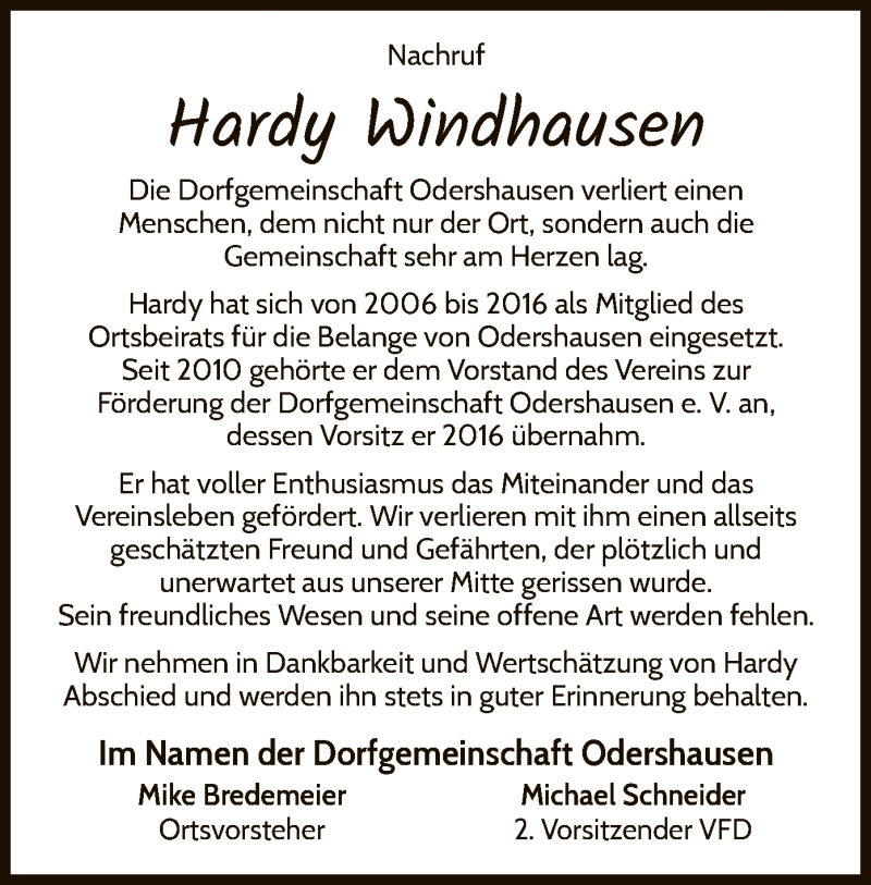  Traueranzeige für Hardy Windhausen vom 02.06.2021 aus WLZ