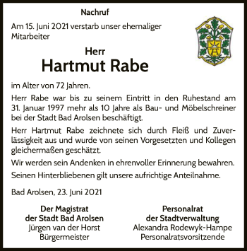 Traueranzeige von Hartmut Rabe von WLZ