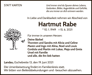 Traueranzeige von Hartmut Rabe von WLZ