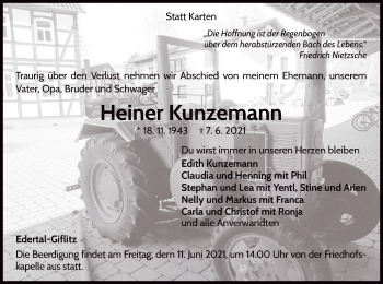 Traueranzeige von Heiner Kunzemann von WLZ