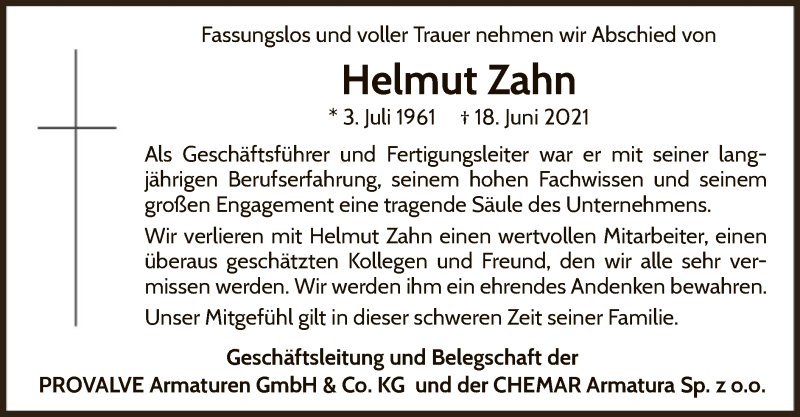  Traueranzeige für Helmut Zahn vom 23.06.2021 aus WLZ