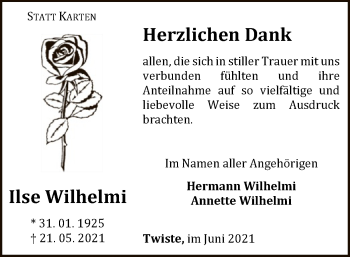 Traueranzeige von Ilse Wilhelmi von WLZ