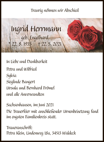 Traueranzeige von Ingrid Herrmann von WLZ