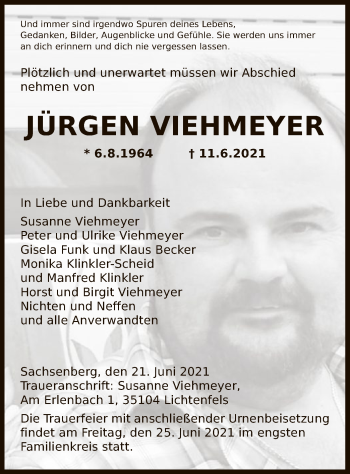 Traueranzeige von Jürgen Viehmeyer von HNA