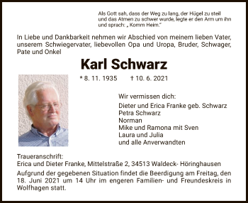 Traueranzeige von Karl Schwarz von HNA