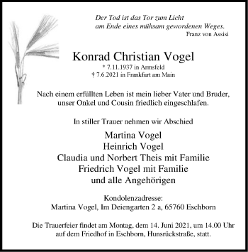 Traueranzeige von Konrad Christian Vogel von WLZ