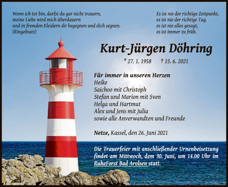  Traueranzeige für Kurt-Jürgen Döhring vom 26.06.2021 aus WLZ