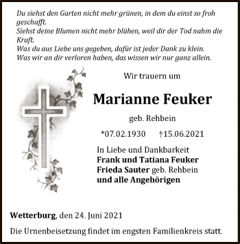 Traueranzeige von Marianne Feuker von WLZ