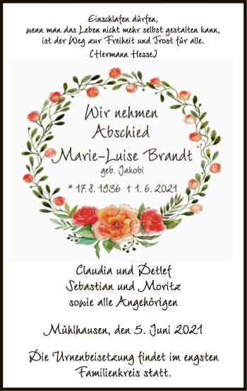 Traueranzeige von Marie-Luise Brandt von WLZ