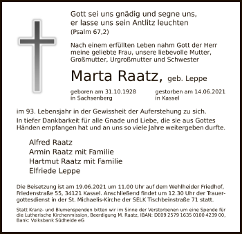 Traueranzeige von Marta Raatz von HNA