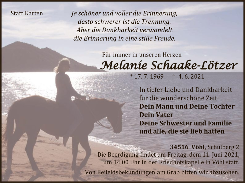  Traueranzeige für Melanie Schaake-Lötzer vom 08.06.2021 aus WLZ