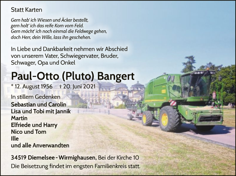 Traueranzeige für Paul-Otto Bangert vom 23.06.2021 aus WLZ