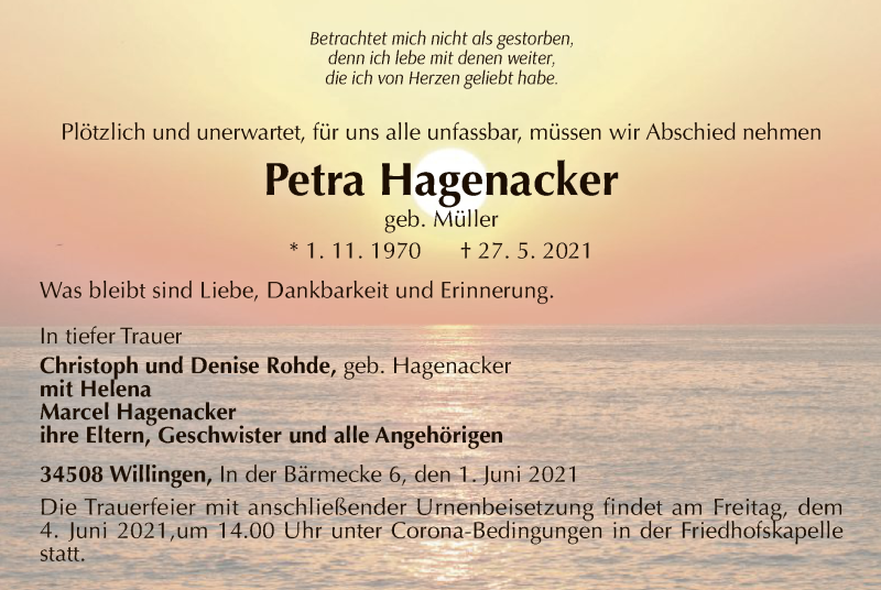  Traueranzeige für Petra Hagenacker vom 01.06.2021 aus WLZ