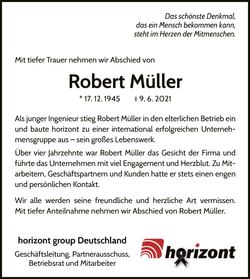  Traueranzeige für Robert Müller vom 19.06.2021 aus WLZ