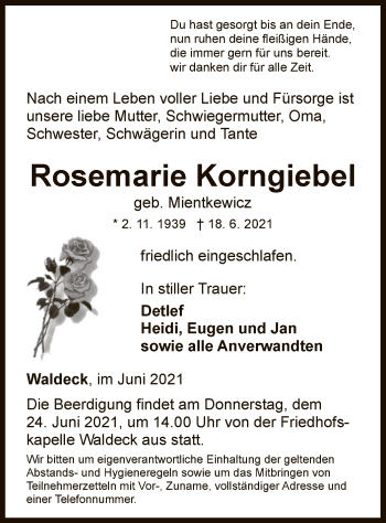 Traueranzeige von Rosemarie Korngiebel von WLZ