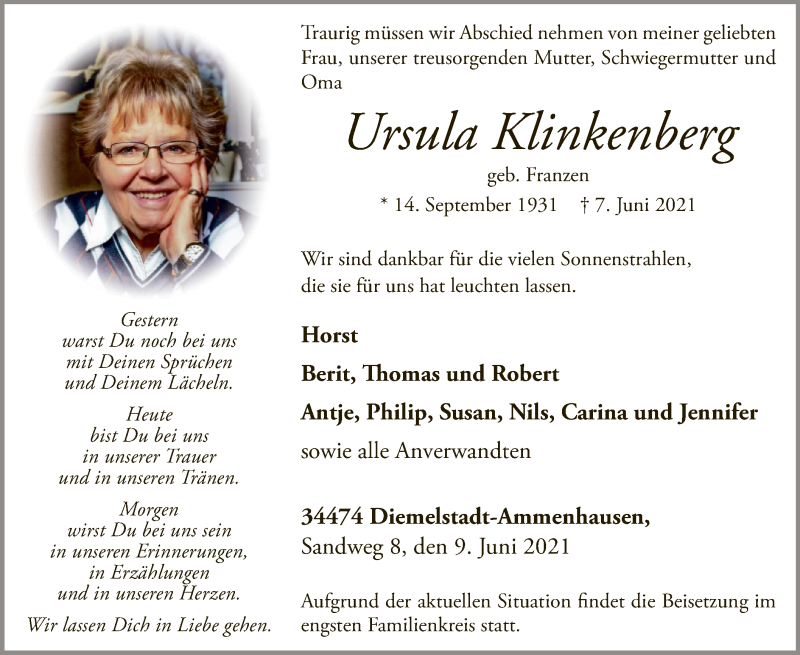  Traueranzeige für Ursula Klinkenberg vom 09.06.2021 aus WLZ