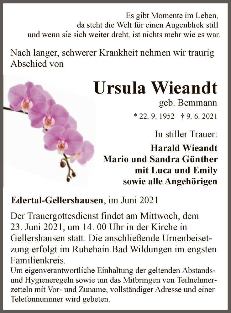  Traueranzeige für Ursula Wieandt vom 19.06.2021 aus WLZ