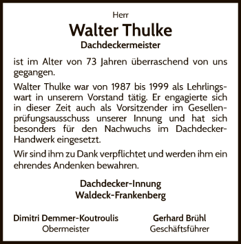 Traueranzeige von Walter Thulke von WLZ