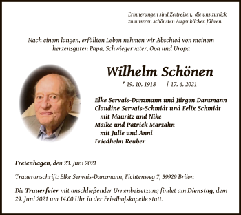 Traueranzeige von Wilhelm Schönen von WLZ