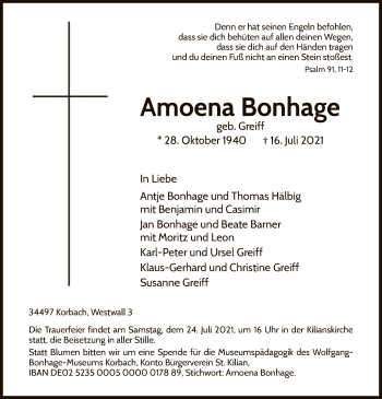 Traueranzeige von Amoena Bonhage von WLZ