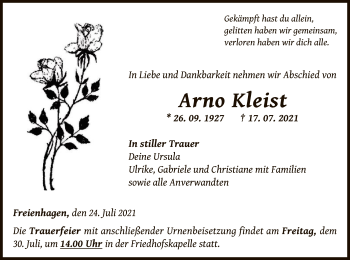 Traueranzeige von Arno Kleist von WLZ