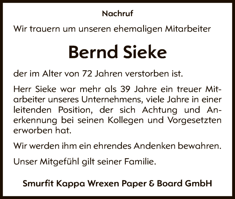  Traueranzeige für Bernd Sieke vom 30.07.2021 aus WLZ