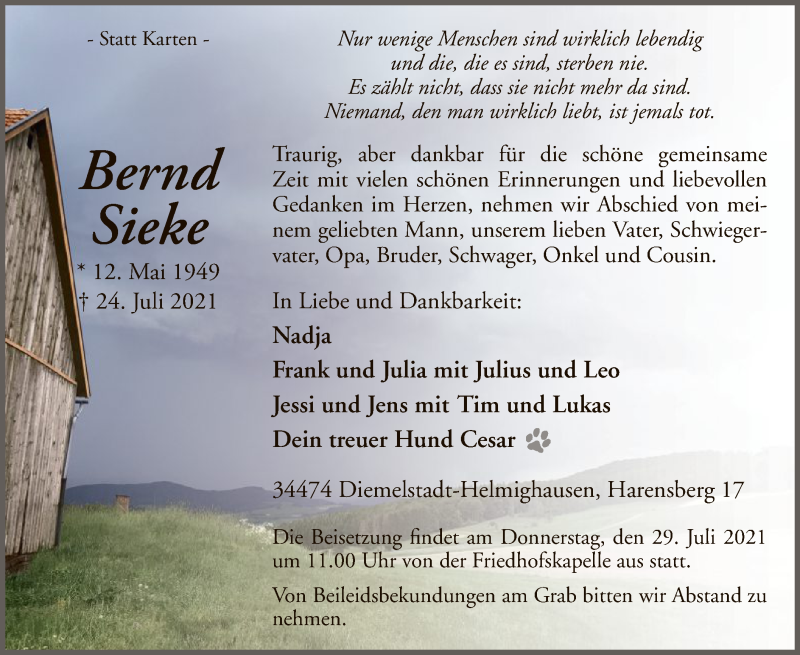  Traueranzeige für Bernd Sieke vom 27.07.2021 aus WLZ