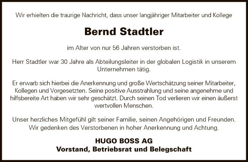  Traueranzeige für Bernd Stadtler vom 03.07.2021 aus WLZ