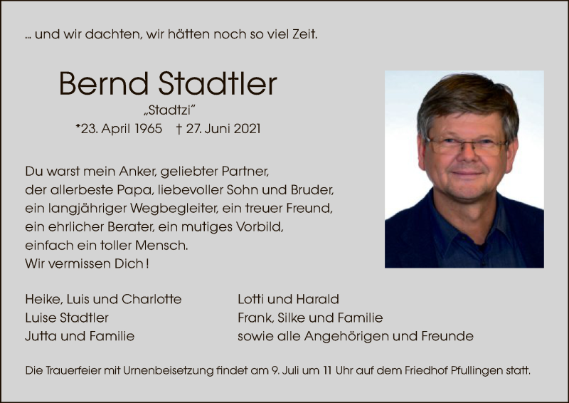 Traueranzeige für Bernd Stadtler vom 03.07.2021 aus WLZ
