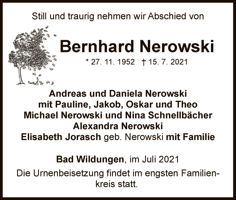  Traueranzeige für Bernhard Nerowski vom 17.07.2021 aus WLZ