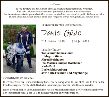 Traueranzeige von Daniel Güde von WLZ