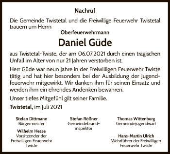 Traueranzeige von Daniel Güde von WLZ