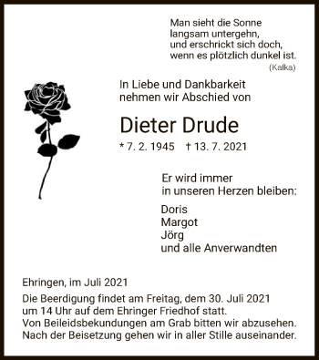 Traueranzeige von Dieter Drude von HNA