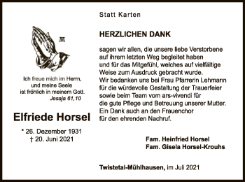 Traueranzeige von Elfriede Horsel von WLZ