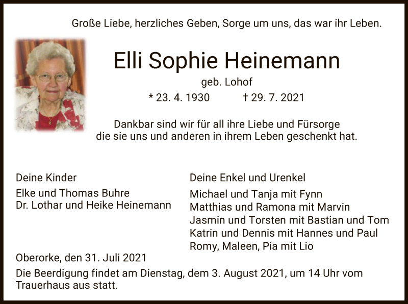  Traueranzeige für Elli Sophie Heinemann vom 31.07.2021 aus HNA