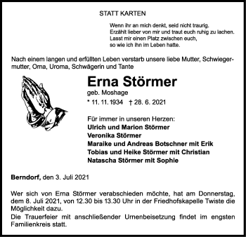 Traueranzeige von Erna Störmer von WLZ