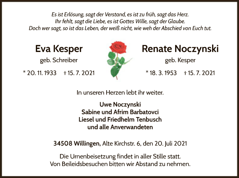  Traueranzeige für Eva und Renate  vom 20.07.2021 aus WLZ