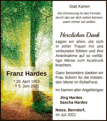 Traueranzeige von Franz Hardes von WLZ