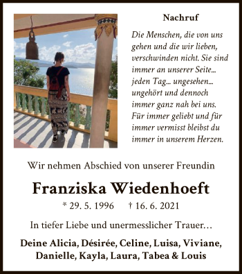 Traueranzeige von Franziska Wiedenhoeft von WLZ